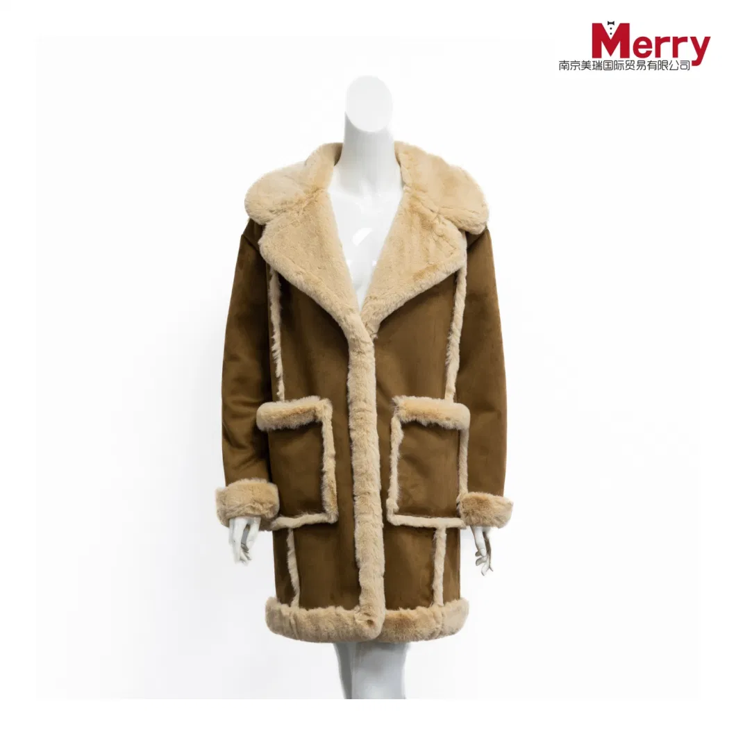 Women Winter Faux Fur Coat Leather Fur Outer Wear Jacket with Lapel Collar