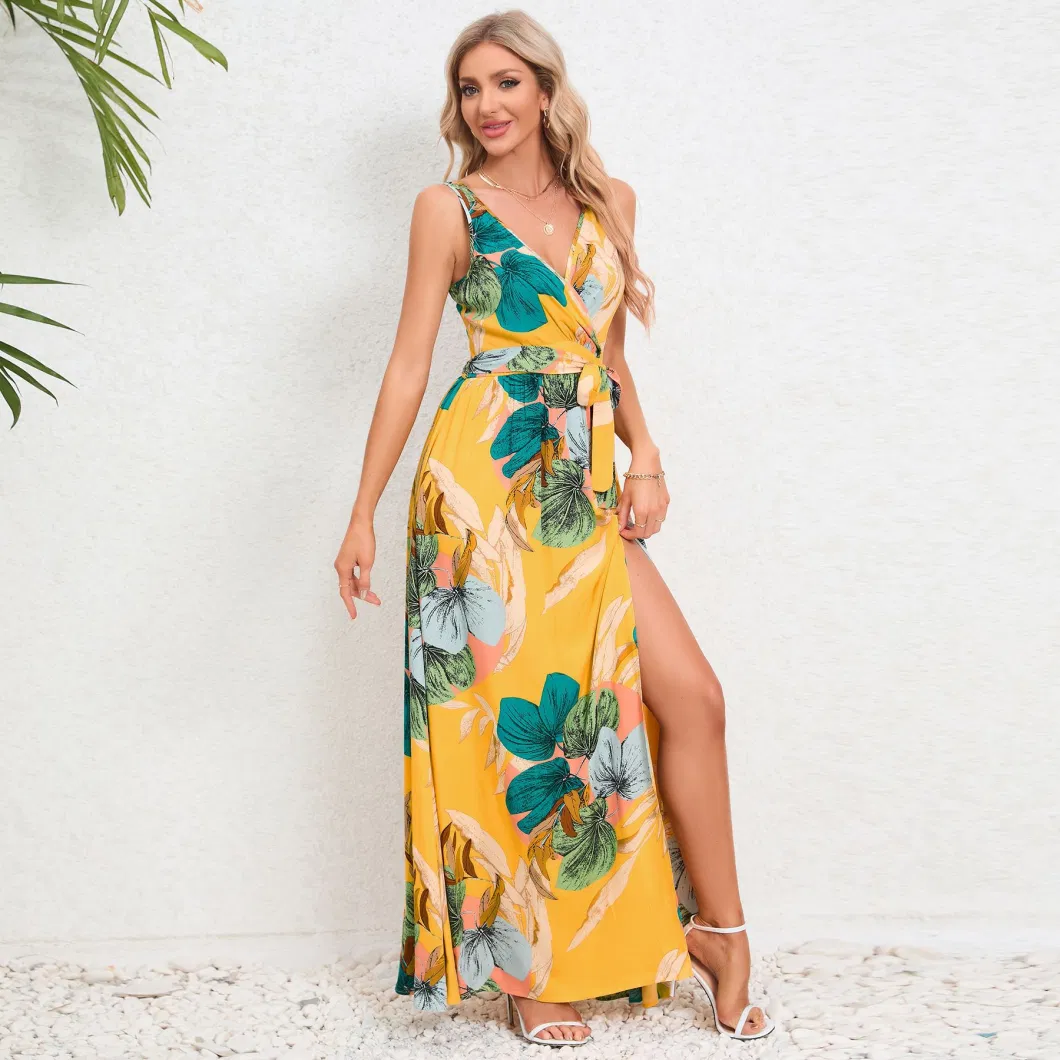 2024 European and American Summer Women&prime;s New Double V-Neck Sleeveless Split Printed Long Strap Dress Ladies Breathable and Comfortable Beach Long Skirts/