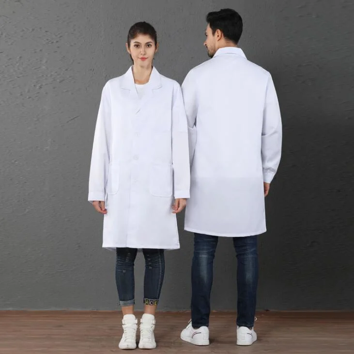 Unisex Long Sleeve White Lab Coat Men Women Lapel Collar Button Down Doctor Blouse with Pockets Doctor Nurse Uniform