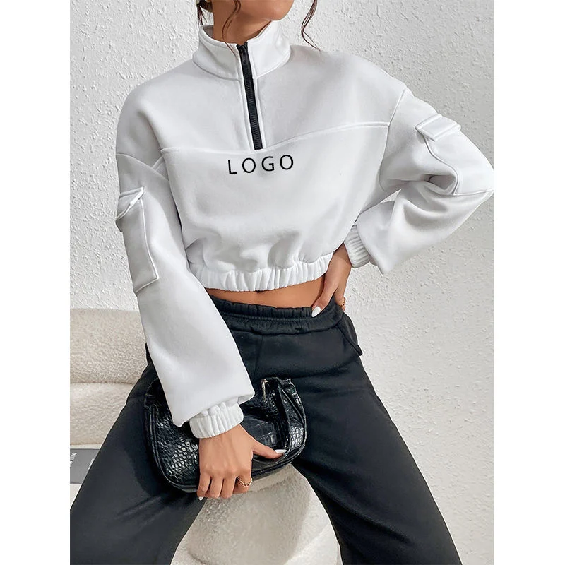 Solid Women Clothing Sweatshirt New Fashion Crop Top Hood Cut out Patched Stand Collar Casual Pullover