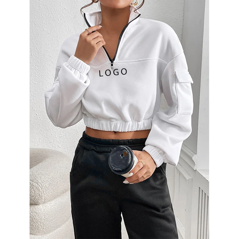 Solid Women Clothing Sweatshirt New Fashion Crop Top Hood Cut out Patched Stand Collar Casual Pullover