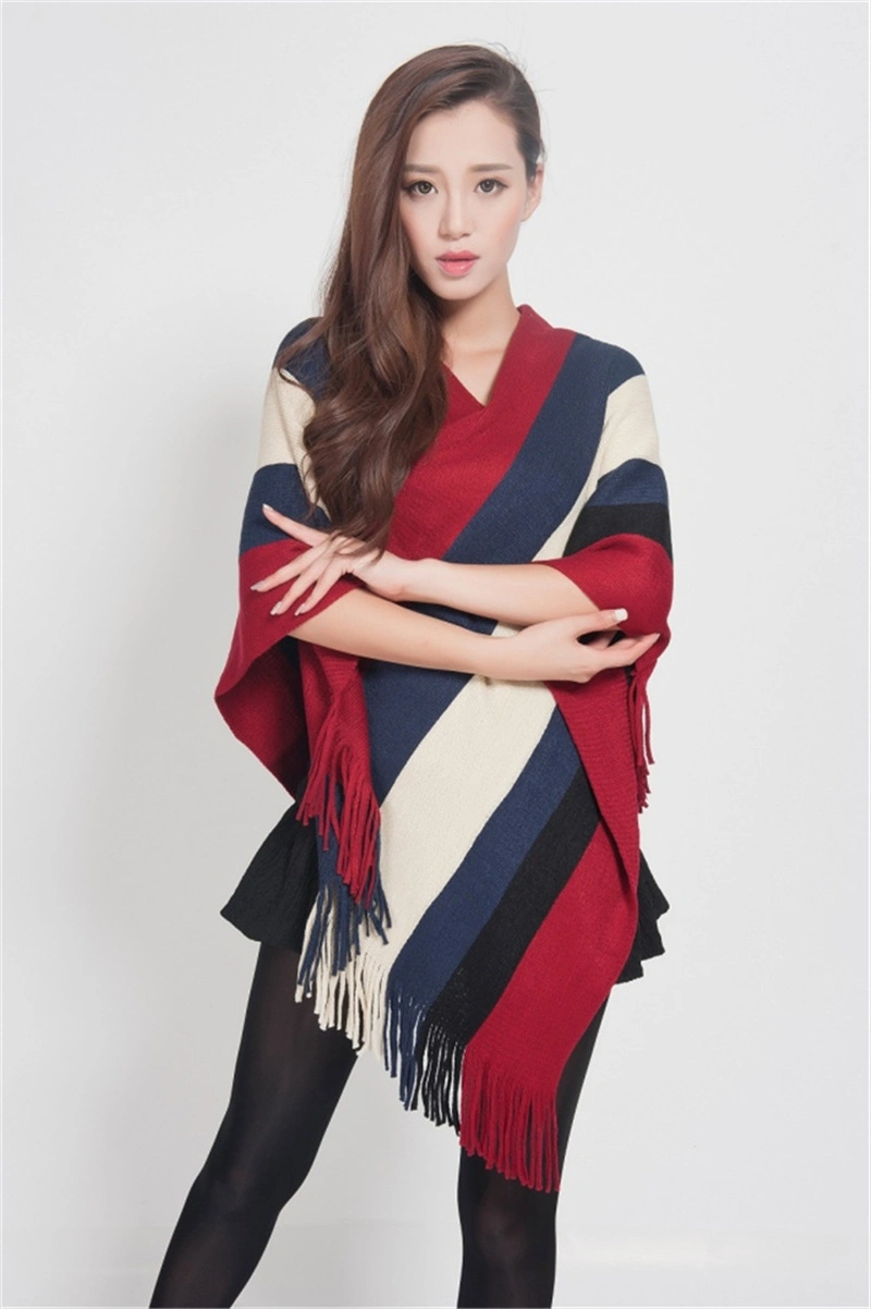 Women&prime;s Tassel Pullover Long Knitted Cloak Women&prime;s Winter Fashion Shawl Striped Sweater Coat