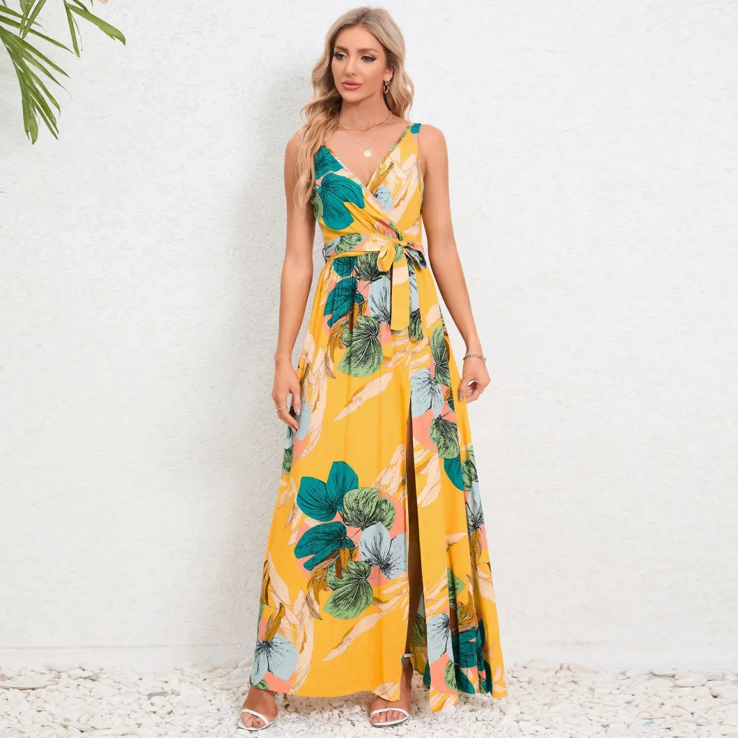 2024 European and American Summer Women&prime;s New Double V-Neck Sleeveless Split Printed Long Strap Dress Ladies Breathable and Comfortable Beach Long Skirts/