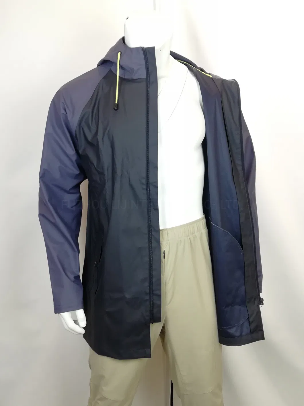 Men Fashion PU Materials Waterproof MID-Length Rain Jacket Rainwear