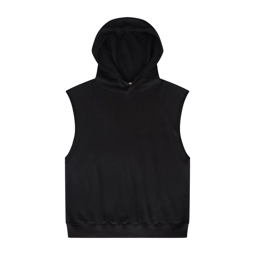 Sleeveless 3D Embossed Logo Oversize French Terry Men Mineral Black Washed Heavyweight Hoodie 14oz Blank Pullover Sweatshirt