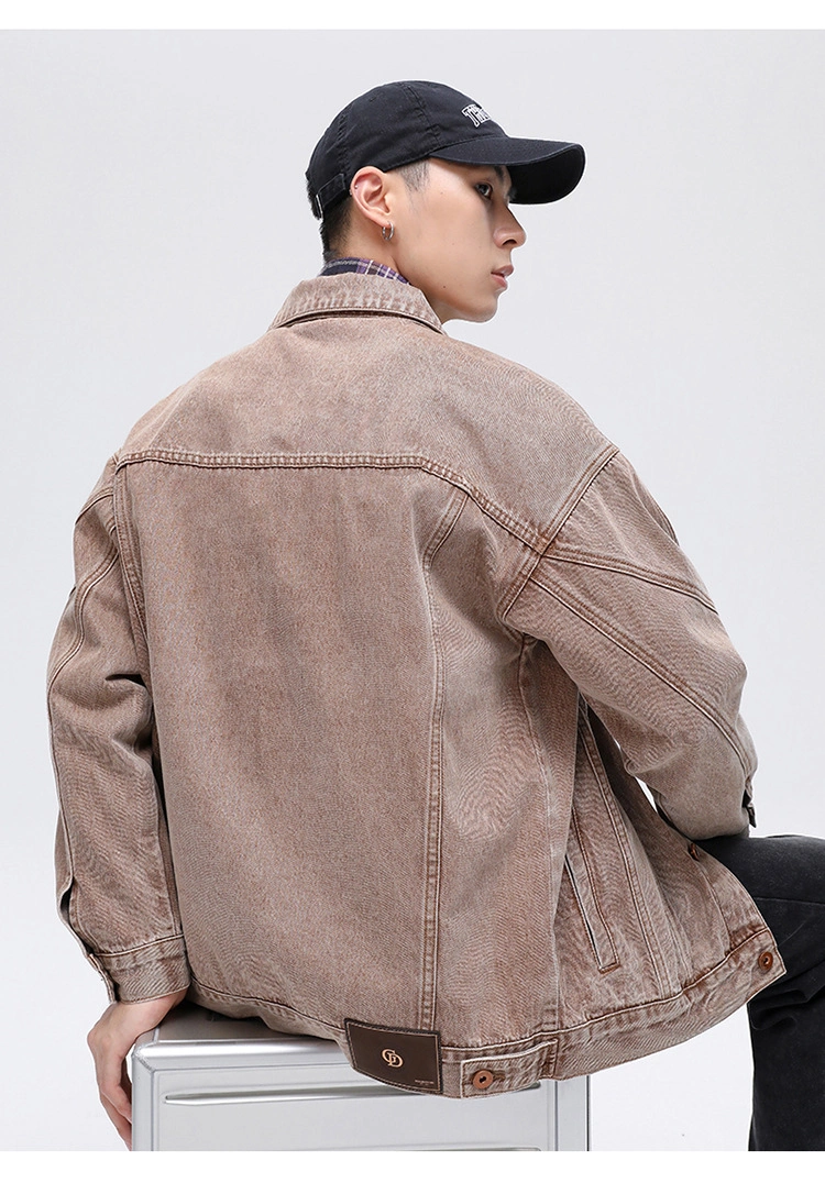 Vintage Brown Denim Jacket Men High Quality Windbreaker Shirt Loose Style Jacket