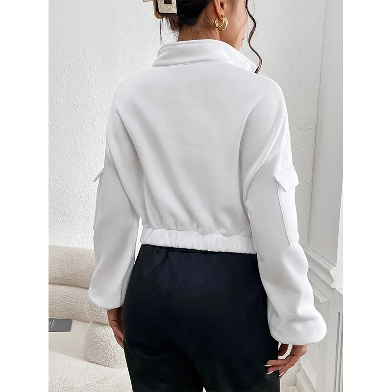 Solid Women Clothing Sweatshirt New Fashion Crop Top Hood Cut out Patched Stand Collar Casual Pullover