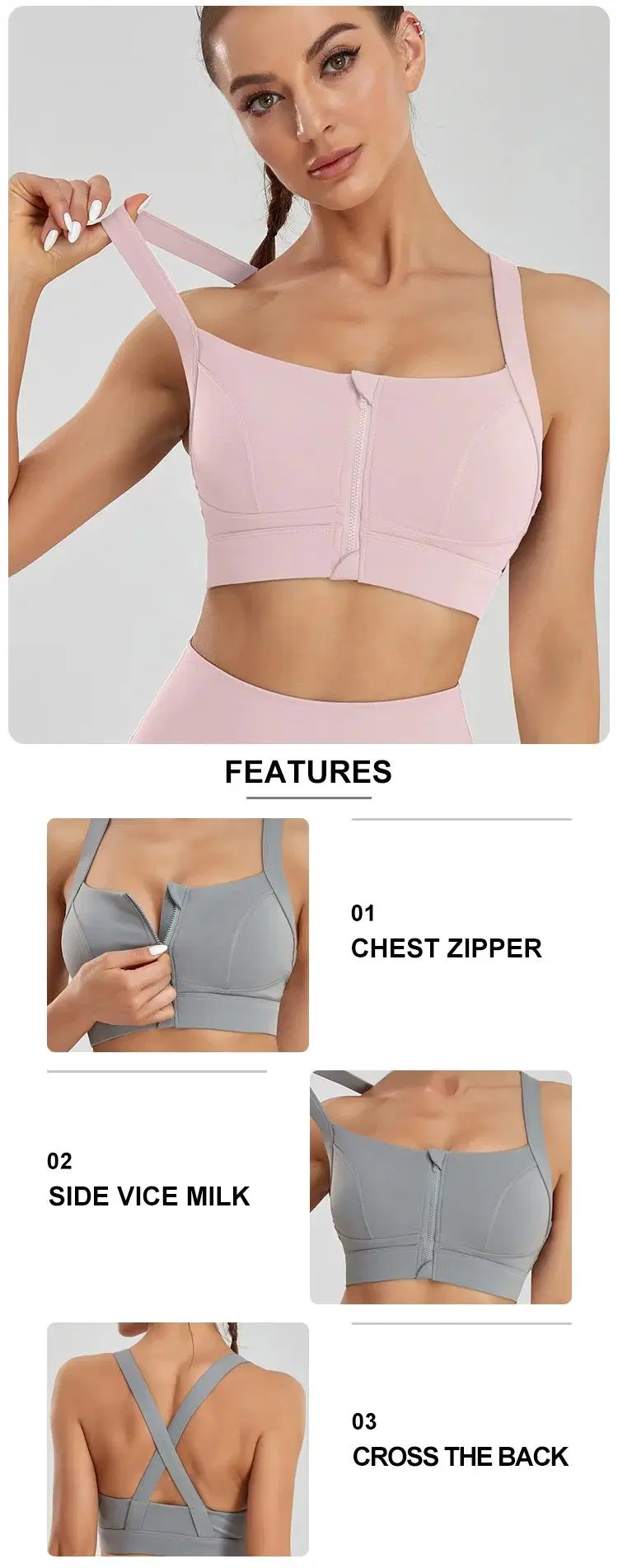 Wholesale Factory Plus Size Cross Back Sports Bra Front Zipper Women&prime;s Fitness Running Shockproof Yoga Clothes Wholesale Beauty Zipper Bra Vest