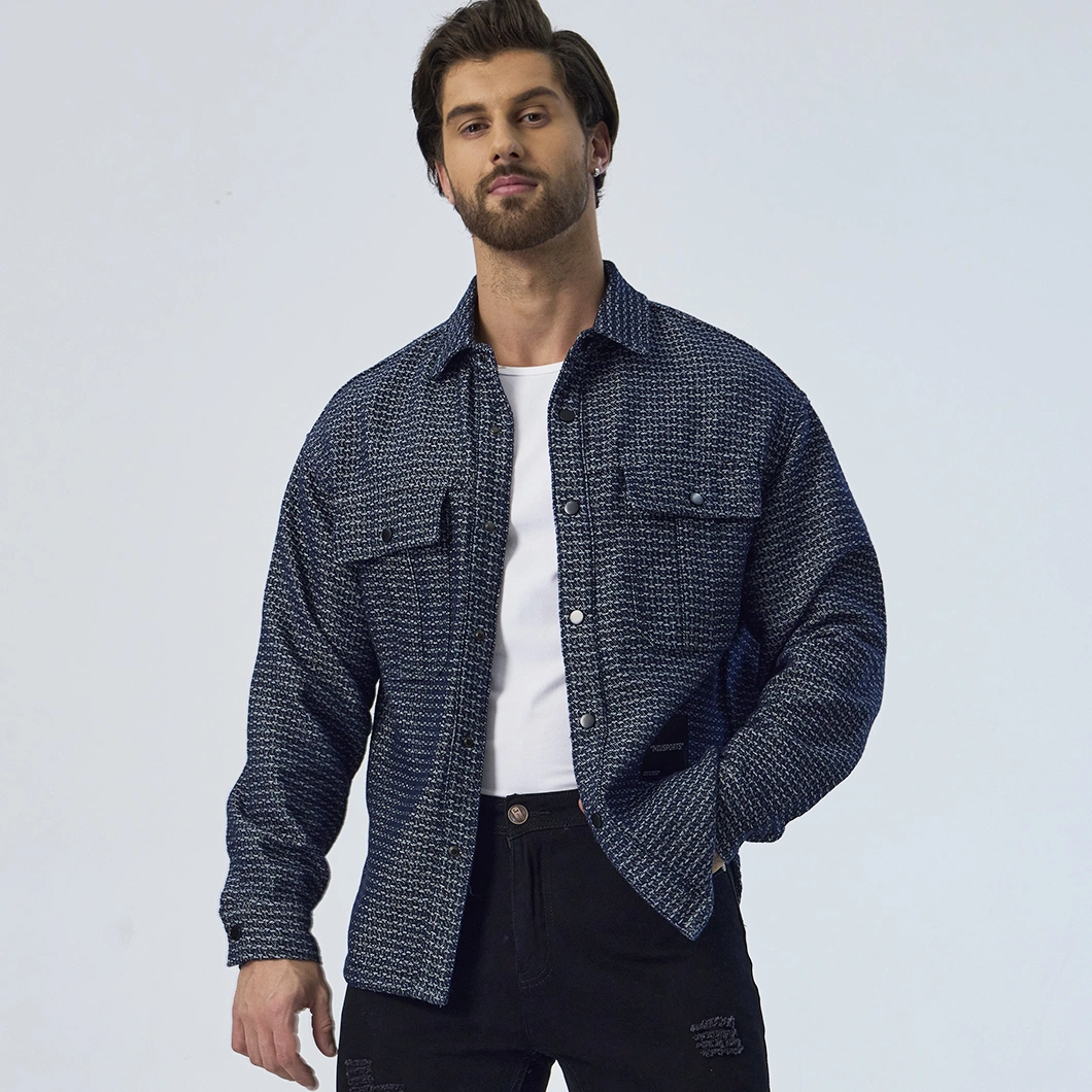 Custom Dark Blue Plaid Oversized Overall Collar Down Long Sleeve Men Jackets