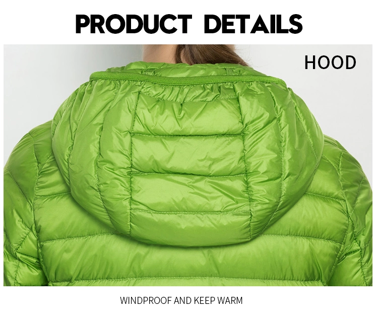 Women Zipper Ultra Light Breathable Down Jacket with Hood for Ladies