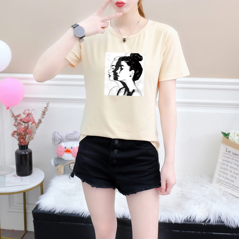 New Fashion T Shirt Woman Spring Summer Girls Print Short Sleeve O Neck Cotton Spandex Women Top Slim Fit Soft Women Tshirt