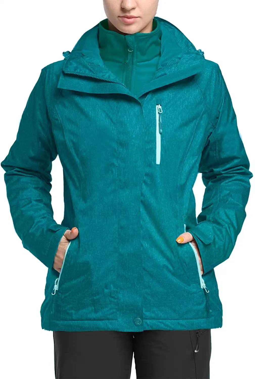 Women&prime; S 3 in 1 Hooded Waterproof Coat Winter Ski Hiking Rain Jacket Softshell Fleece Lined Raincoat Windbreaker