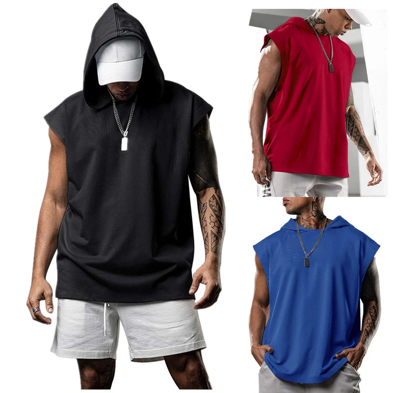 Low MOQ Custom Polyester Fitness Bodybuilding Sports Gym Oversized Men Streetwear Sleeveless Workout Hoodie Pullover Sweatshirt