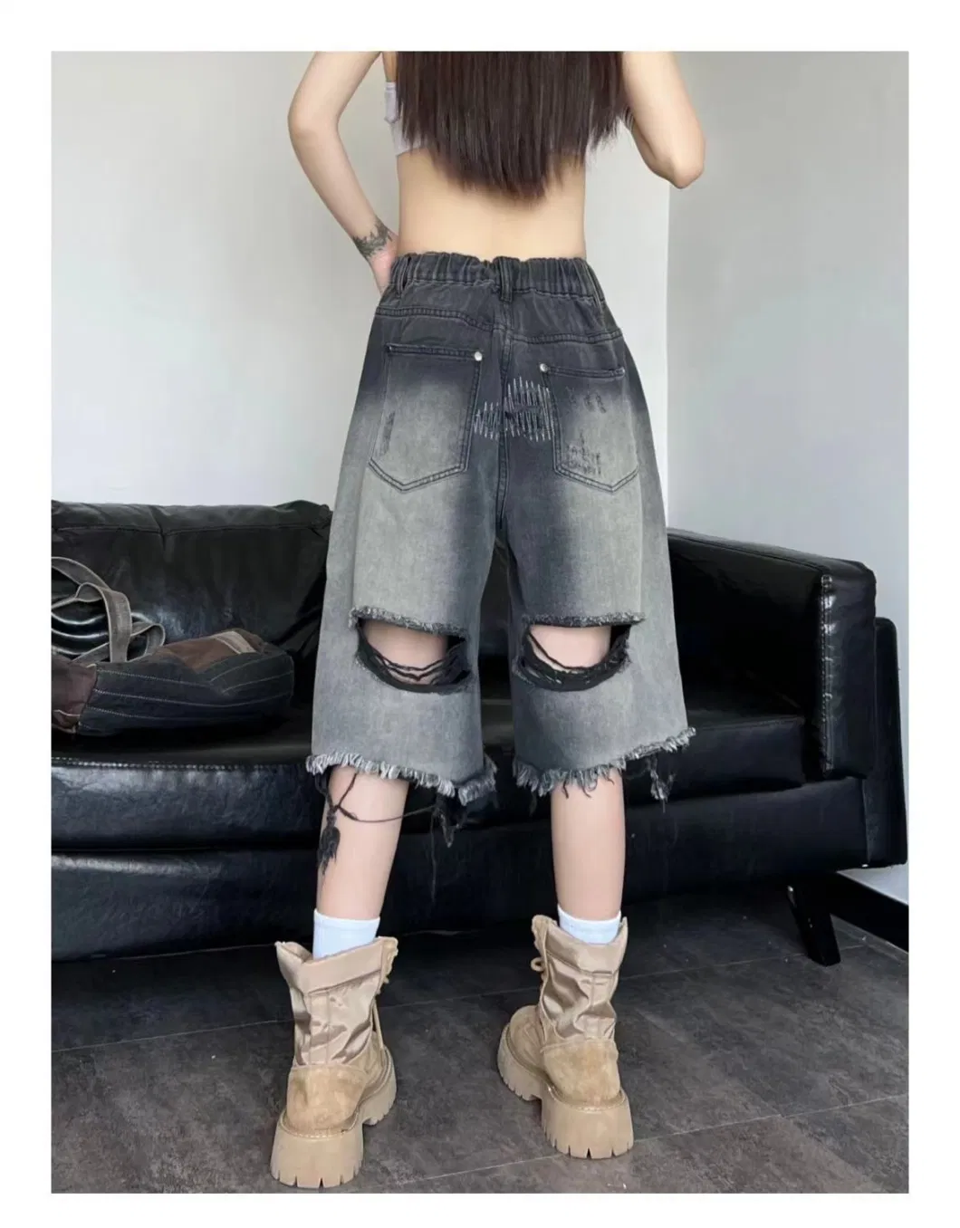 Retro Hip -Hop Ripped Denim Shorts, Wide -Leg Casual Pants Leisure-Apparel