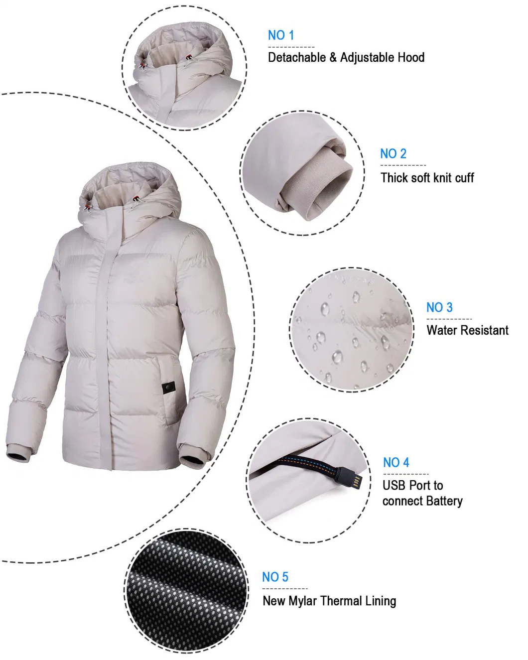 5V Electric USB Heated Women&prime; S Jacket Fast Charging Port