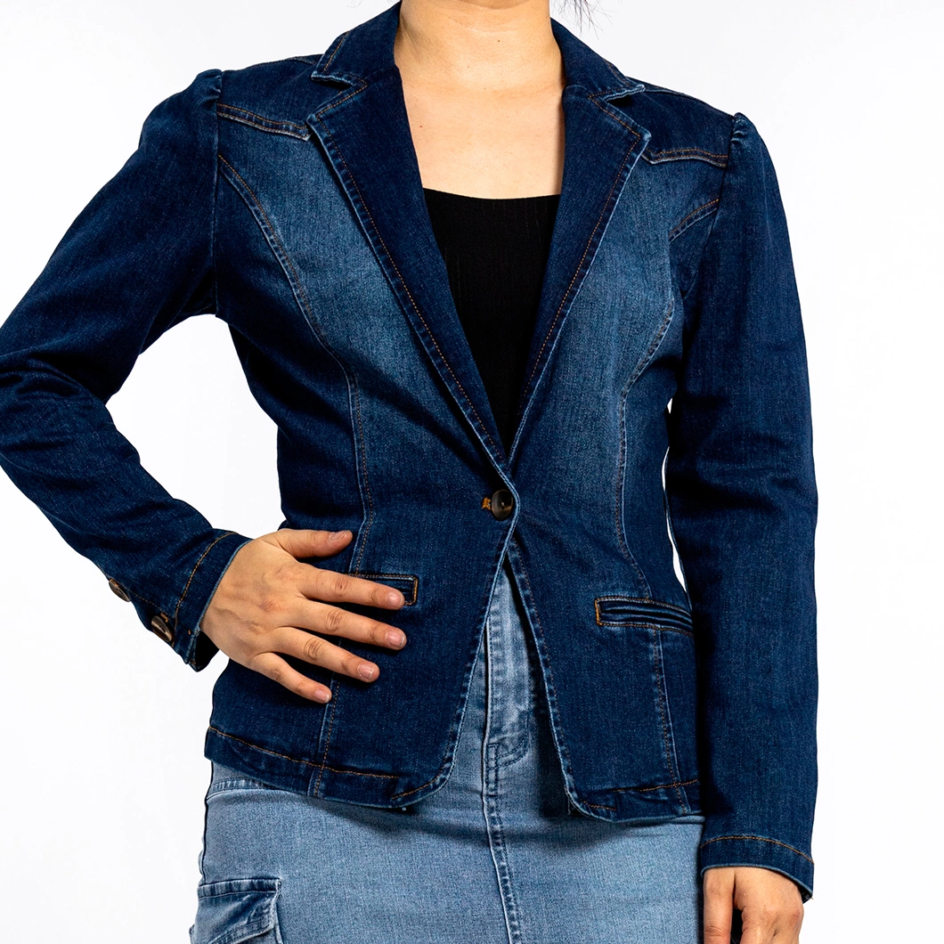 Women&prime;s Blue Lapel Slim Waist Washed Denim Blazer Jean Jacket