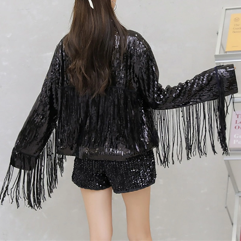 2023 New Fashion Turn-Down Collar Sequin Tassel Fur Women Coat