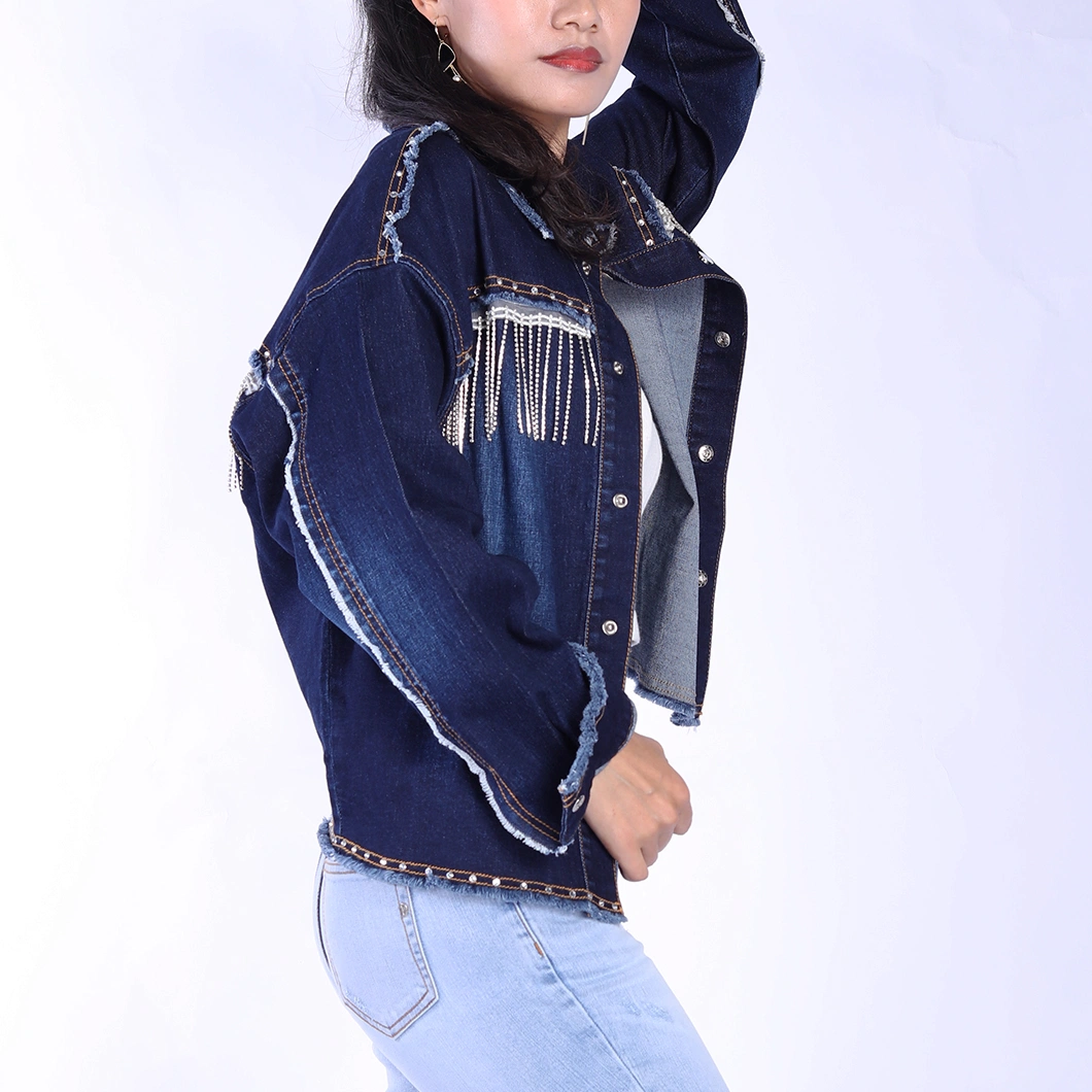 Custom Dark Blue Oversized Tassel Rhinestone Fringe Collar Down Women Denim Jackets