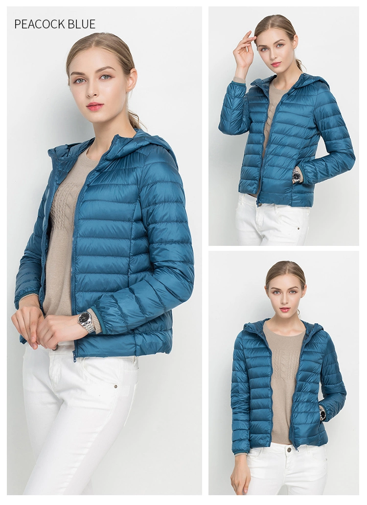 Women Zipper Ultra Light Breathable Down Jacket with Hood for Ladies