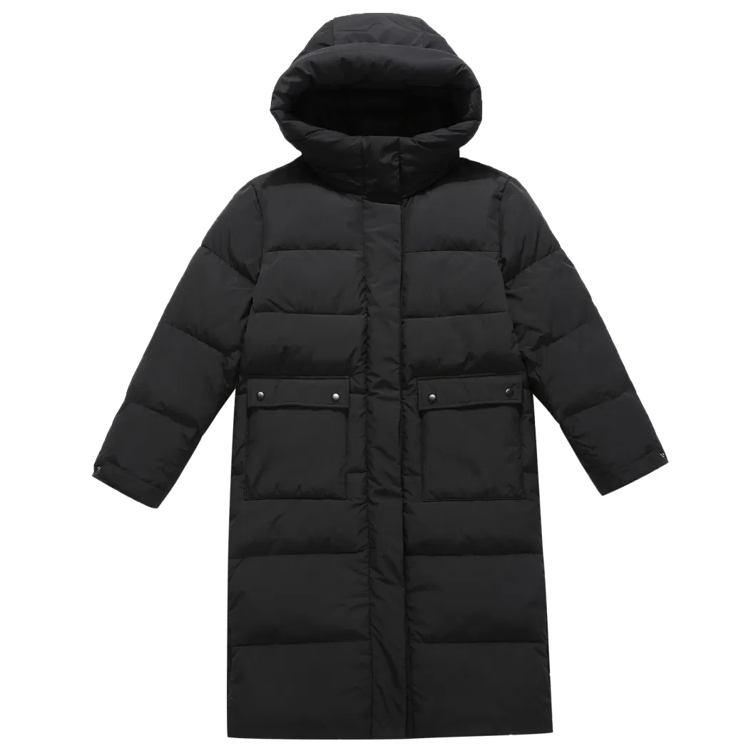 Custom Polyester Waterproof Long Hooded Down Puffer Coat for Women