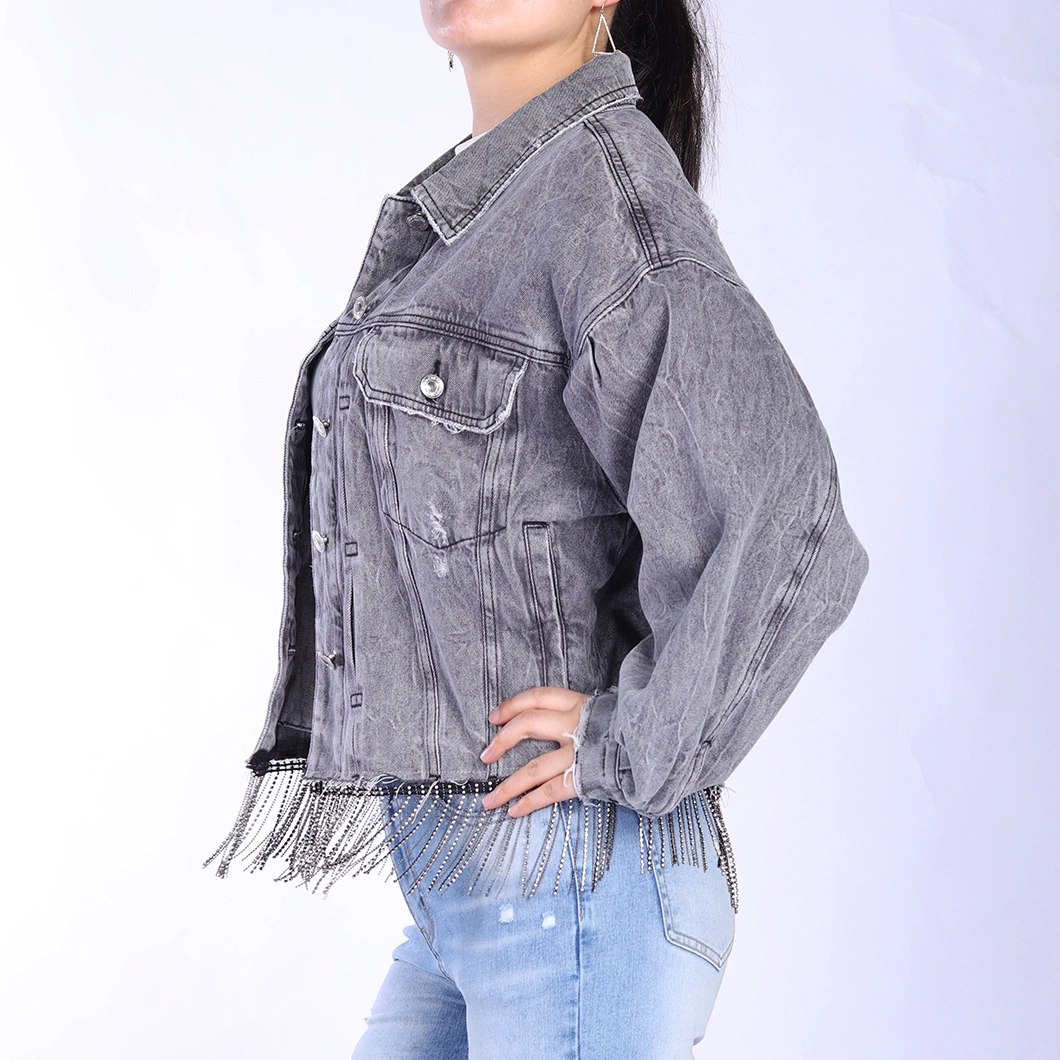 Custom Fashionable Distressed Casual Tassel Rhinestone Hem Jean Jackets for Women