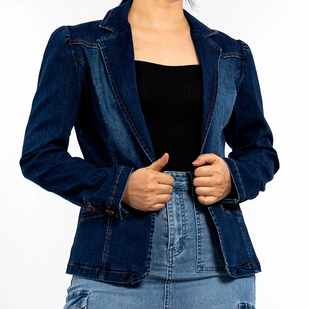 Women&prime;s Blue Lapel Slim Waist Washed Denim Blazer Jean Jacket