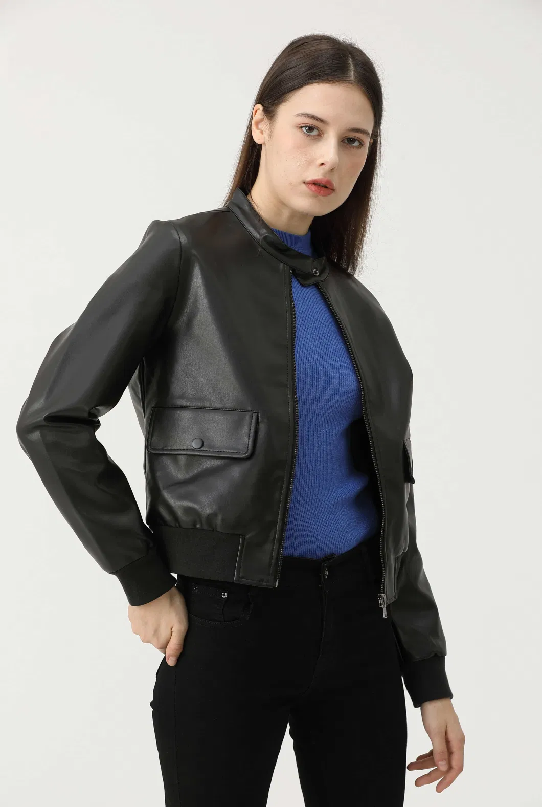 2023 Spring Autumn Women Black PU Cropped Leather Coat Collar Zipper Short Leather Jackets