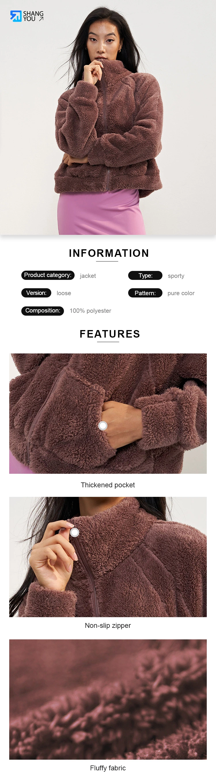 Wholesale Factory Polyester Fleece Warm Yoga Jacket Women&prime;s Autumn Winter Windproof Stand Collar Zip Top Pocket Loose Long Sleeve Jacket