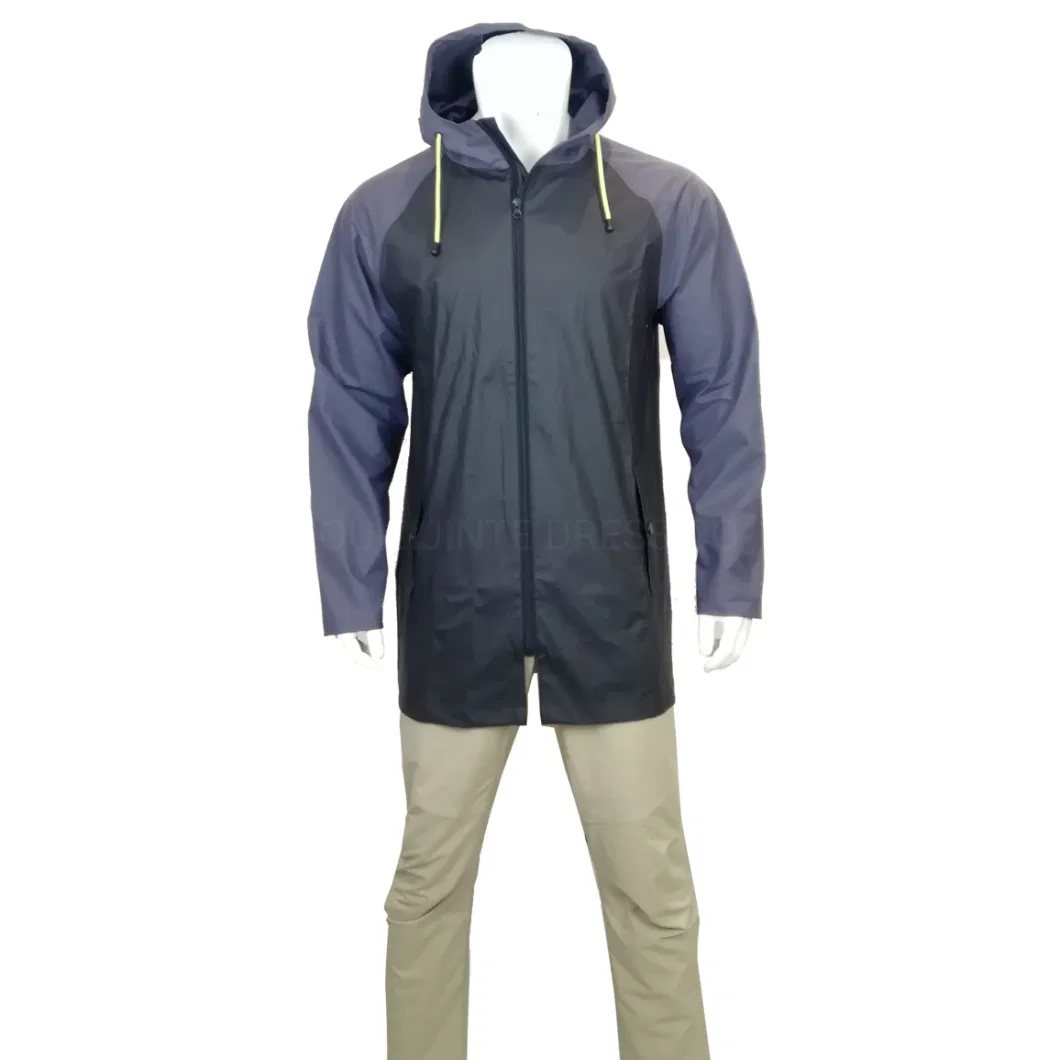 Men Fashion PU Materials Waterproof MID-Length Rain Jacket Rainwear