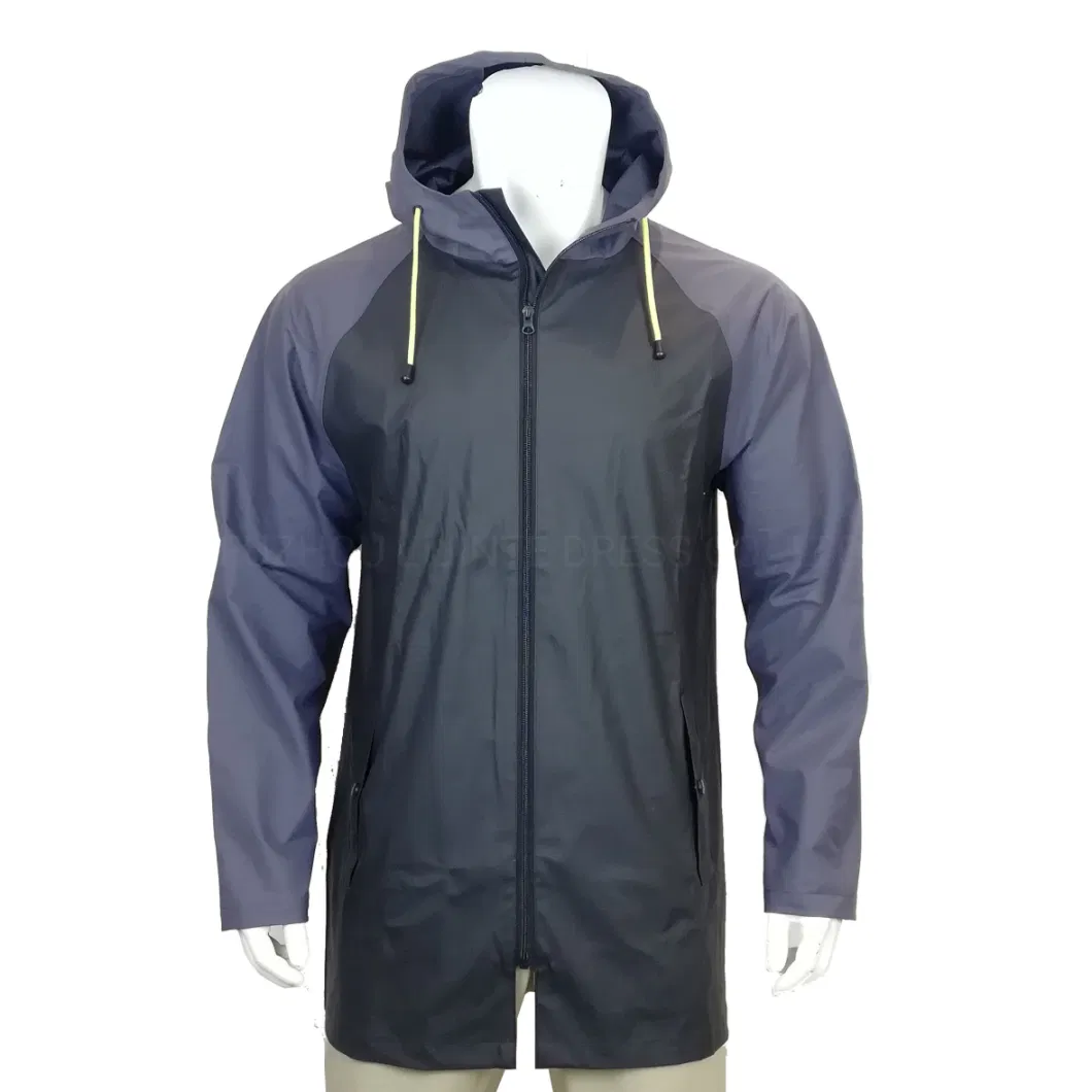 Men Fashion PU Materials Waterproof MID-Length Rain Jacket Rainwear