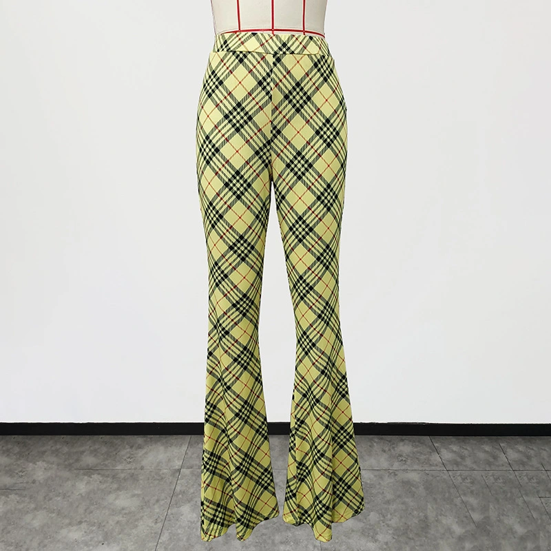 New Fashionable Leisure High Waist Plaid Print Flare Pants