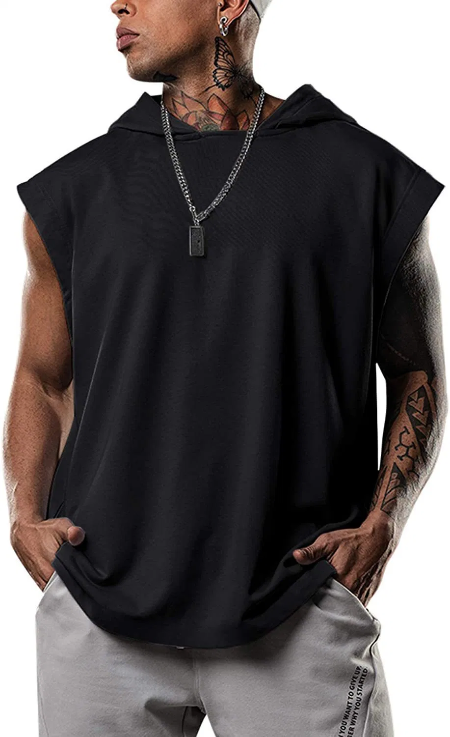 Low MOQ Custom Polyester Fitness Bodybuilding Sports Gym Oversized Men Streetwear Sleeveless Workout Hoodie Pullover Sweatshirt