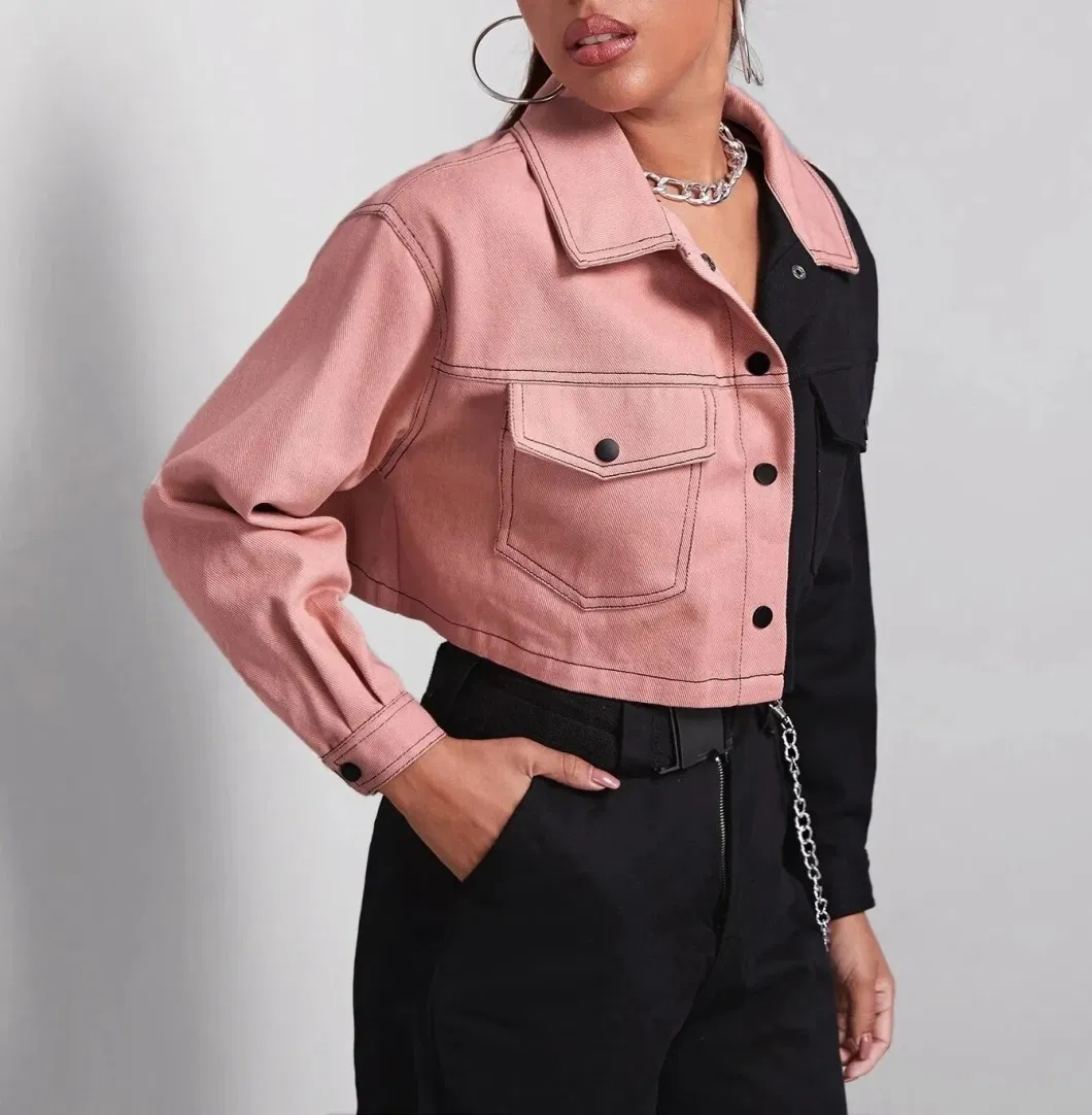 Most Fashionable Two Tone Colour Women Cropped Denim Jacket with Full Sleeves