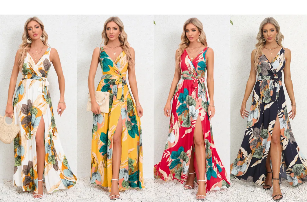 2024 European and American Summer Women&prime;s New Double V-Neck Sleeveless Split Printed Long Strap Dress Ladies Breathable and Comfortable Beach Long Skirts/