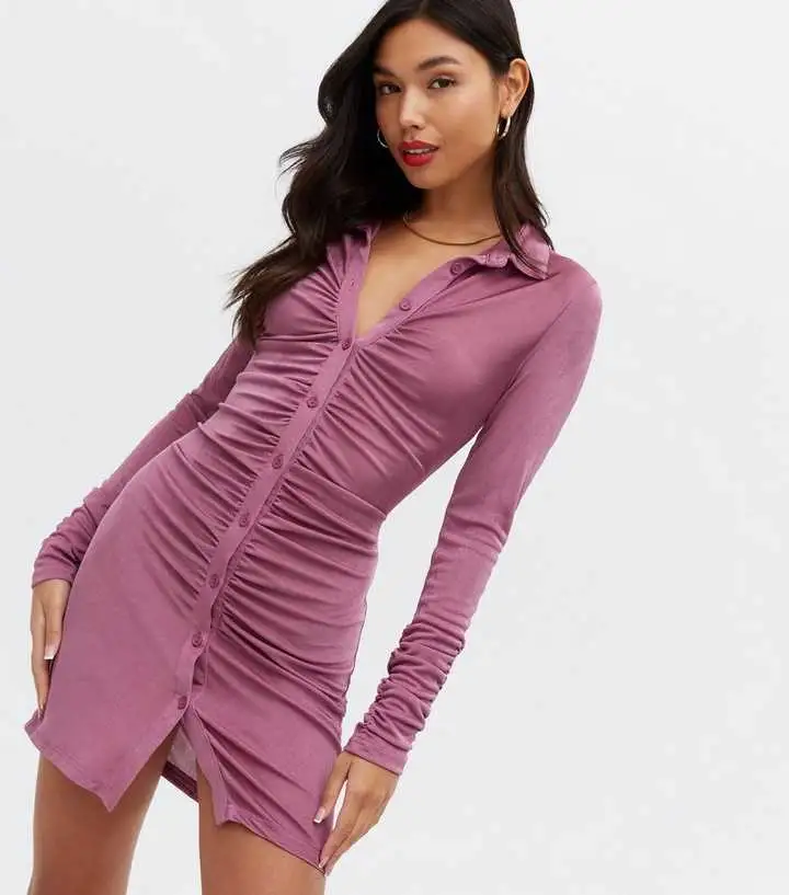 Casual Shirt-Dress with Buttons Autumn Solid Color Long Sleeve Turndown Collar Women Skinny Mini Bodycon Dress