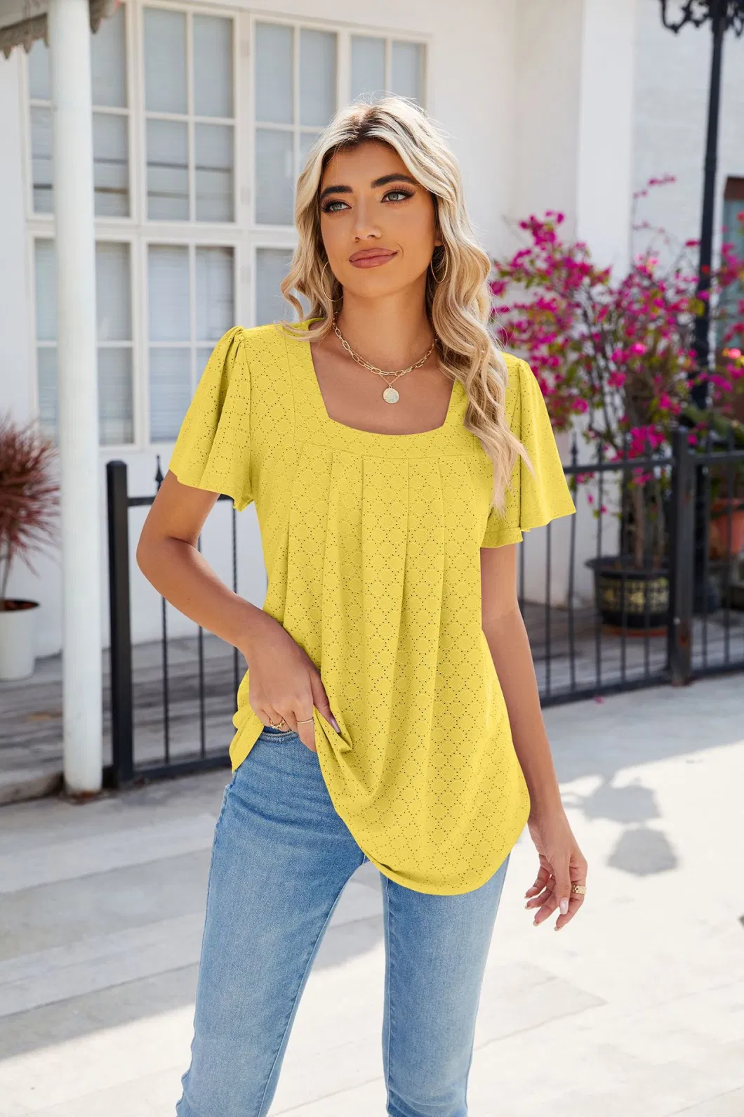 2024 Spring/Summer New Solid Color Square Collar Pleated Short Sleeve Loose T-Shirt Top Woman