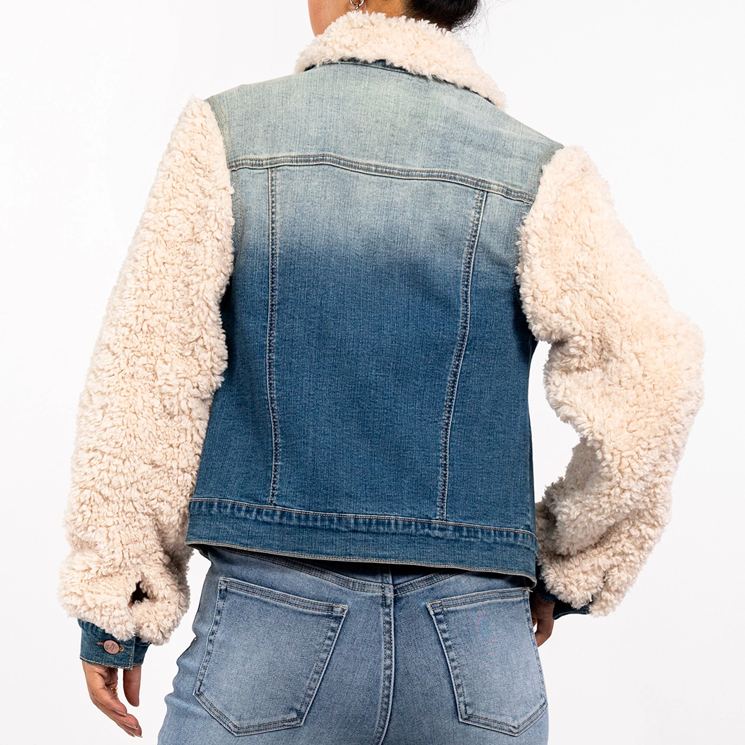 Custom Winter Vintage Lambswool Patchwork Long Sleeve Womens Jean Jacket