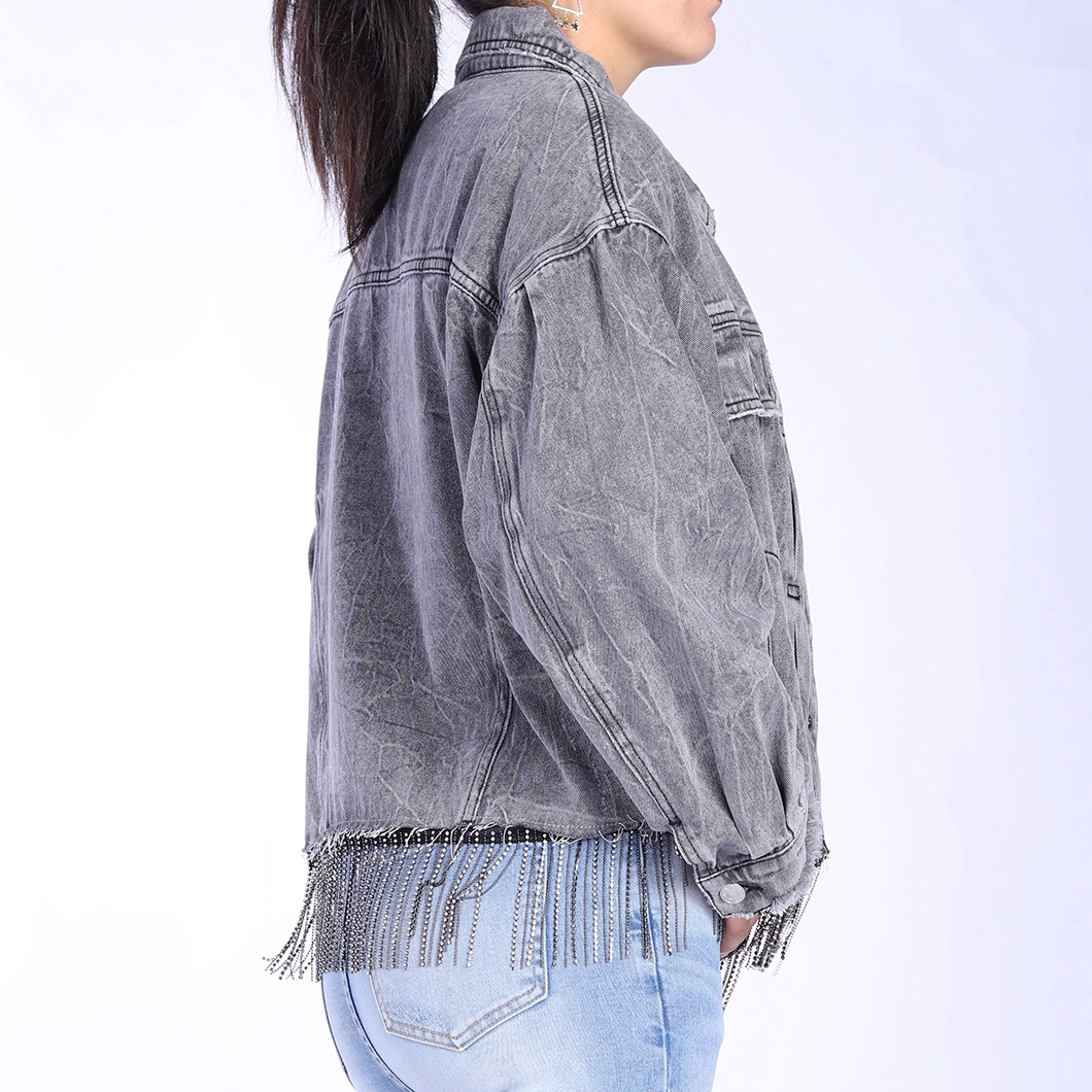 Custom Fashionable Distressed Casual Tassel Rhinestone Hem Jean Jackets for Women