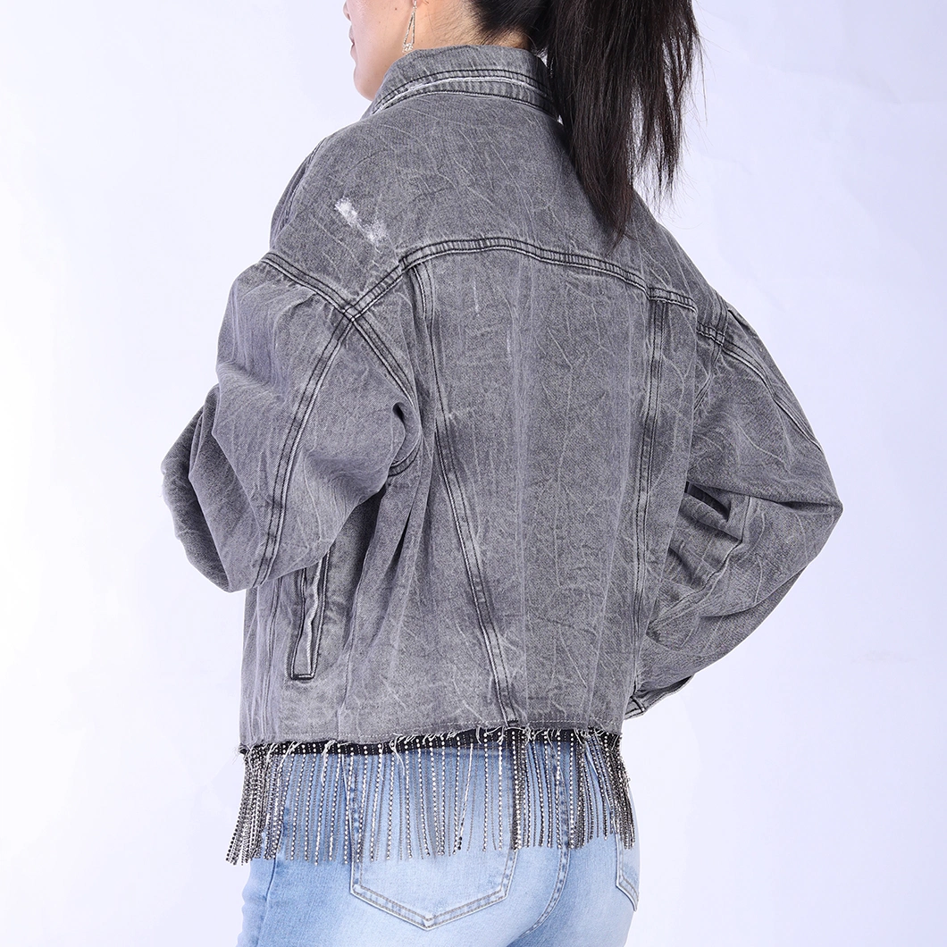 Custom Fashionable Distressed Casual Tassel Rhinestone Hem Jean Jackets for Women