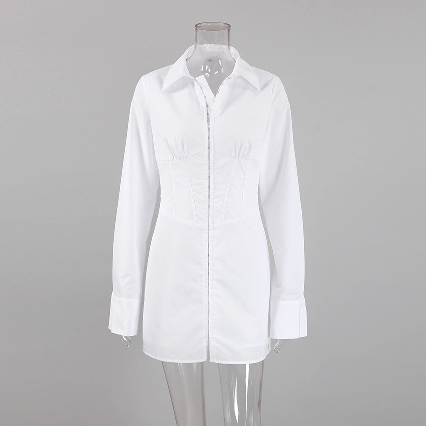 Women Fashion Fitted Dresses Slim Sexy Mini Polo Collar Long Sleeve High Waist White Shirt Dress