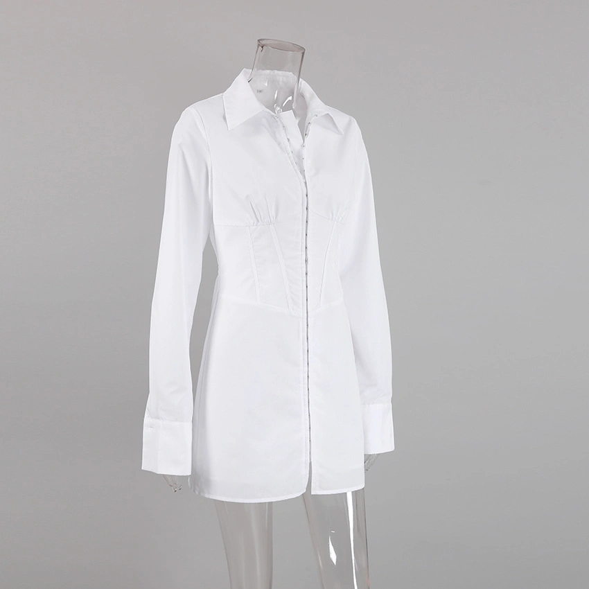 Women Fashion Fitted Dresses Slim Sexy Mini Polo Collar Long Sleeve High Waist White Shirt Dress