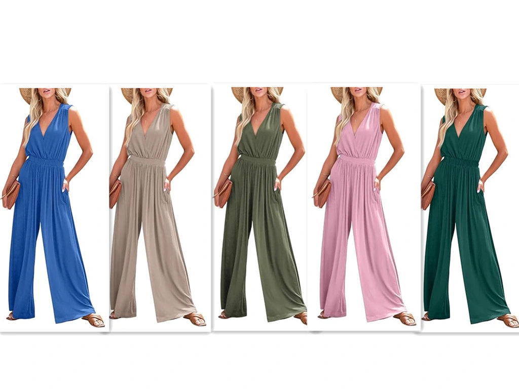 Women&prime; S Casual Loose Jumpsuit Jumpsuit Sleeveless Wide-Leg Pants with Pockets