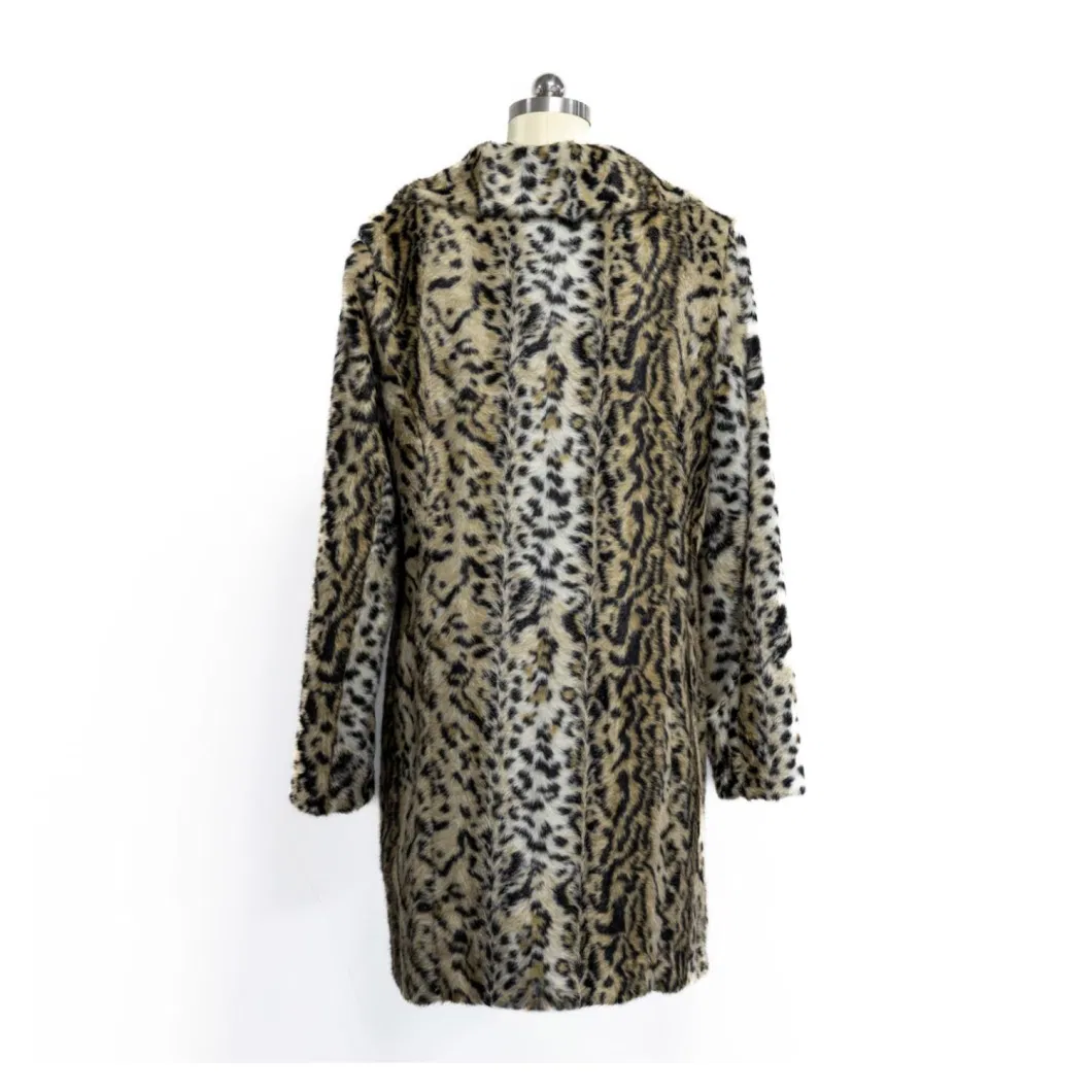 Winter Women Faux Fur Jacket Fashion Outer Wear Coat with Leopard Print