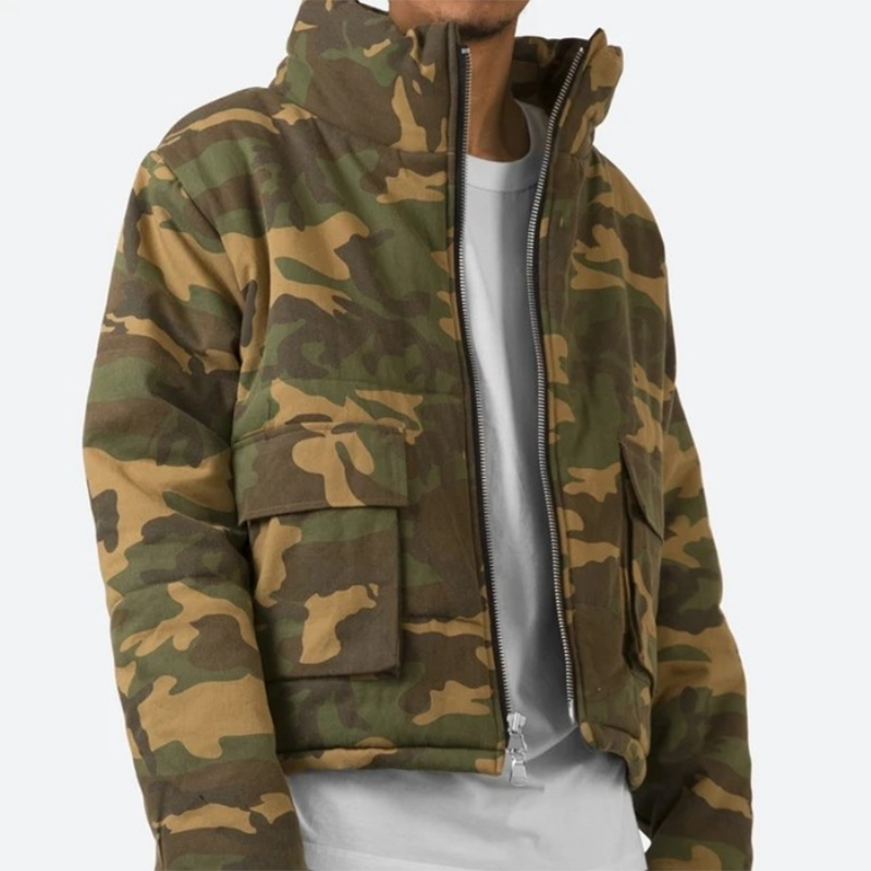 Green Camouflage Print Coat Custom Down Goose Cropped Winter Jacket