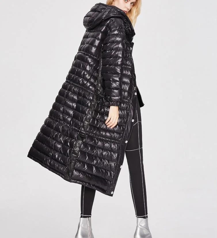 Hot Sale Winter Long Women&prime;s 90/10 Duck Down Jacket Black Winter Puffer Hoodie Coat Woman