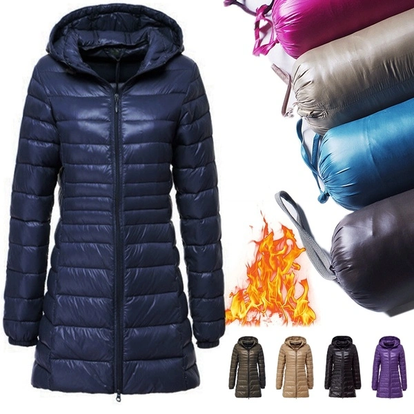 Women&prime;s Casual Hooded Outwear Fashion Winter Long Down Jacket Ultra Light White Duck Down Warm Slim Parkas Coat