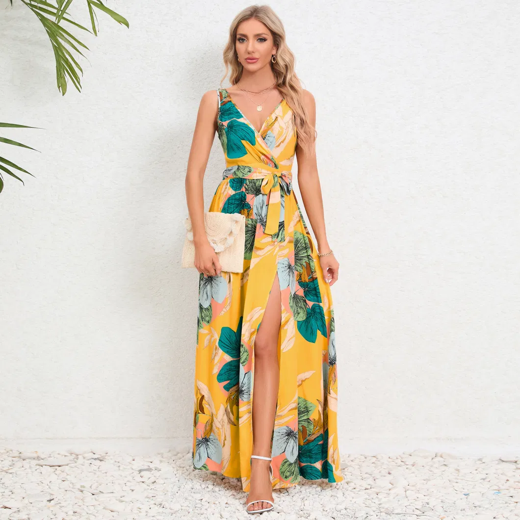 2024 European and American Summer Women&prime;s New Double V-Neck Sleeveless Split Printed Long Strap Dress Ladies Breathable and Comfortable Beach Long Skirts/