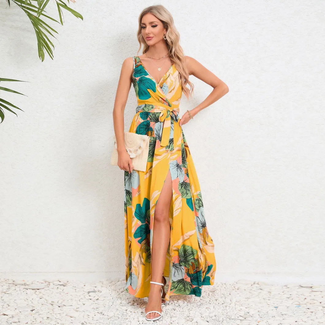 2024 European and American Summer Women&prime;s New Double V-Neck Sleeveless Split Printed Long Strap Dress Ladies Breathable and Comfortable Beach Long Skirts/