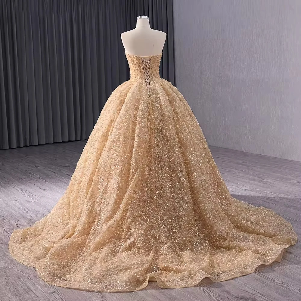 Customized Gorgeous Sleeveless Golden Lace-up Evening Wedding Party Dresses for Women