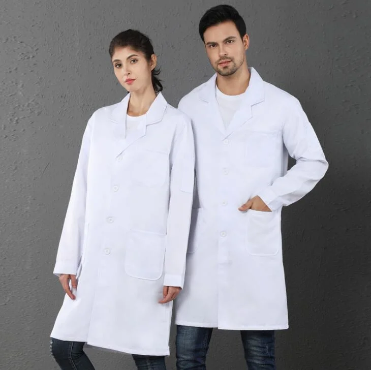 Unisex Long Sleeve White Lab Coat Men Women Lapel Collar Button Down Doctor Blouse with Pockets Doctor Nurse Uniform